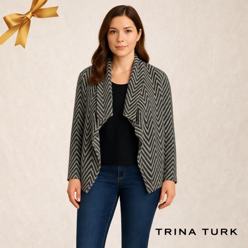 Trina Turk Draping Wool Blend Cardigan Size 8 Black Grey